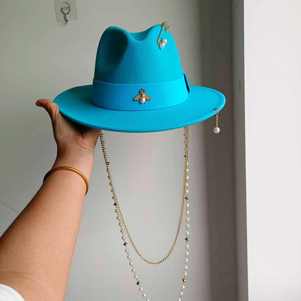 Double Chain Strap Hat Flat Top Fedora French Women's Autumn and Winter Women's Wide Brim Hat  Sombrero Hombre