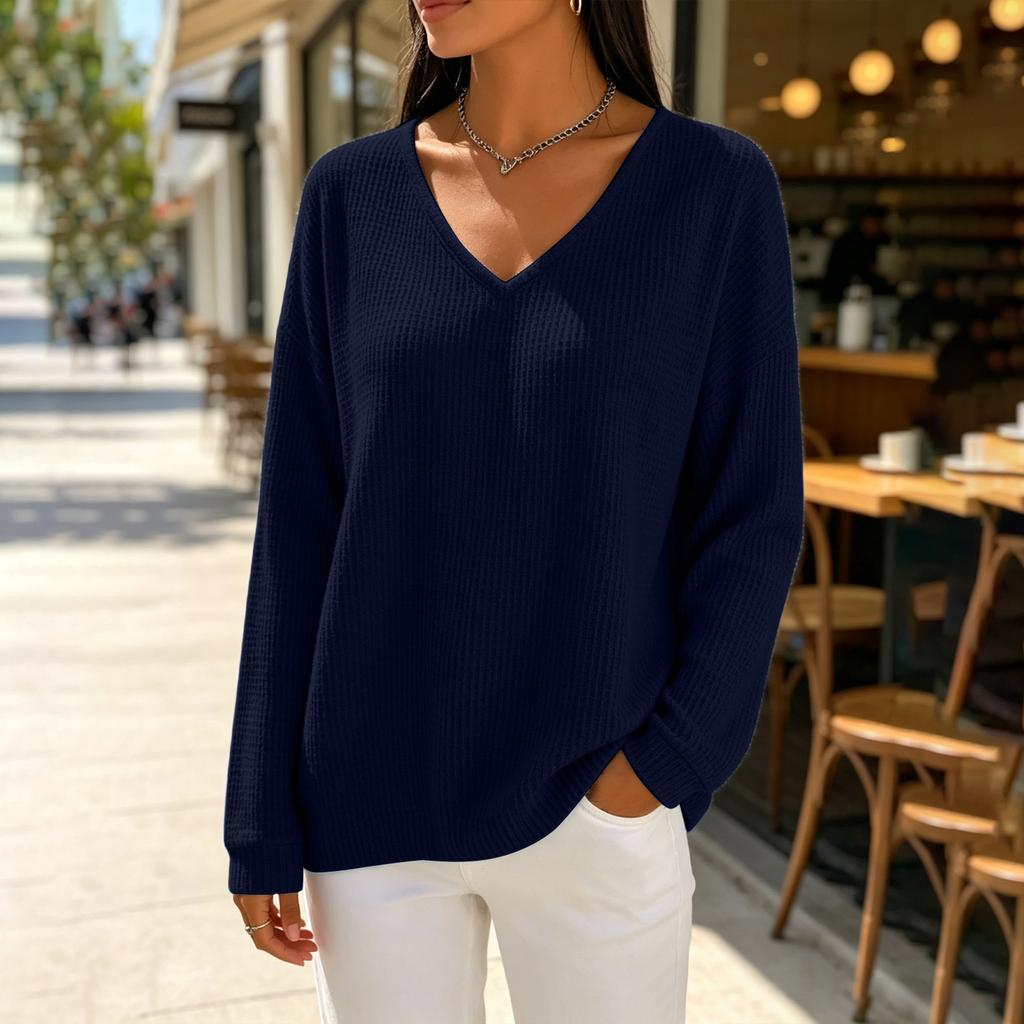 Women's Casual Knit Long Sleeve V-Neck T-Shirt Loose Fit Versatile Color Top