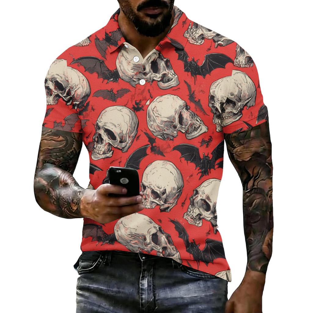 Men's Halloween Print Vintage Texture Short Sleeve Polo Shirt Loose Breathable Summer Sports Street Casual Daily Wear Top