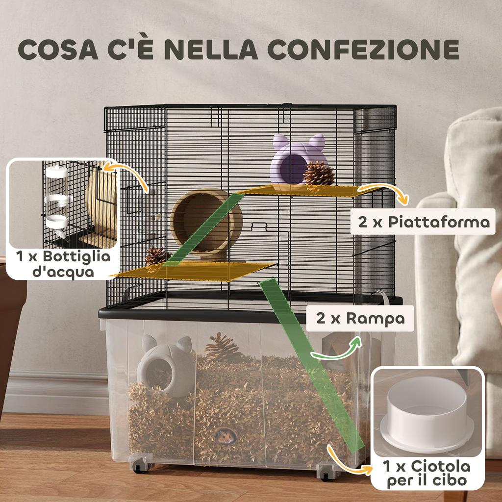 Gabbia per criceti a 3 piani con ruote, 2 piattaforme, rampe, ciotola e beverino, 58x43x74 cm, Nera