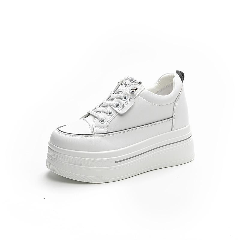 Muffin Platform White Shoes Women's Autumn New Leather Breathable Small Inner Height Increase 8 Casual Board Shoes