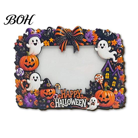 Festive Home Accents Halloween Wooden Photo Frame, Cute Ghost Pumpkin Picture Childlike Ornament Rustic Holder for Holiday Table Centerpiece