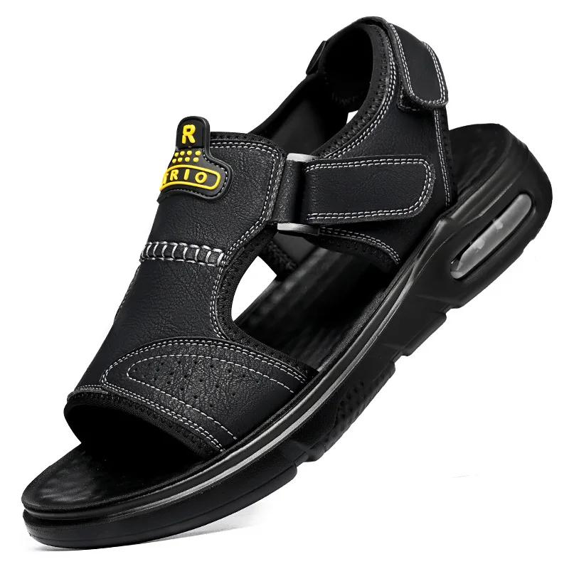 Men‘s Summer Cow Leather Sandals 2025 New Designer Leisure Sports Driving Outside Wear Beach Shoes Men's Air Cushion Slippers