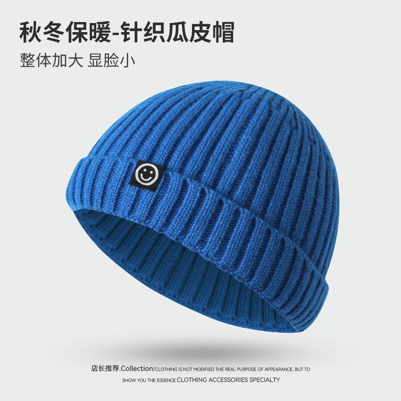 New Smiley Face Sticker Solid Color Knitted Hat Hip-hop Personality Warm Versatile Fashion Trend Casual Melon Hat