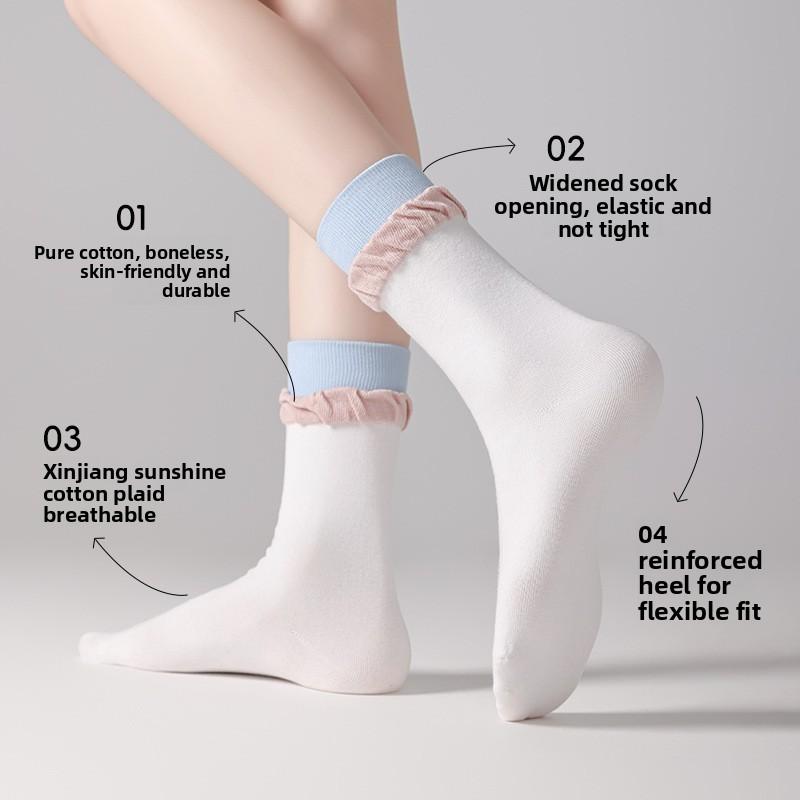 Boneless Women's Cotton Socks, Lace Pile Socks, Comfortable and Versatile, Sweat-absorbing White Socks, Mid-calf Socks