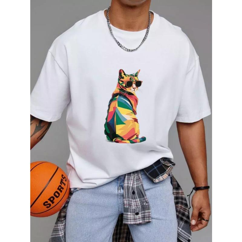 Crewneck T Shirt White Colorful Cat with Sunglasses Print Casual Wear for Men and Women