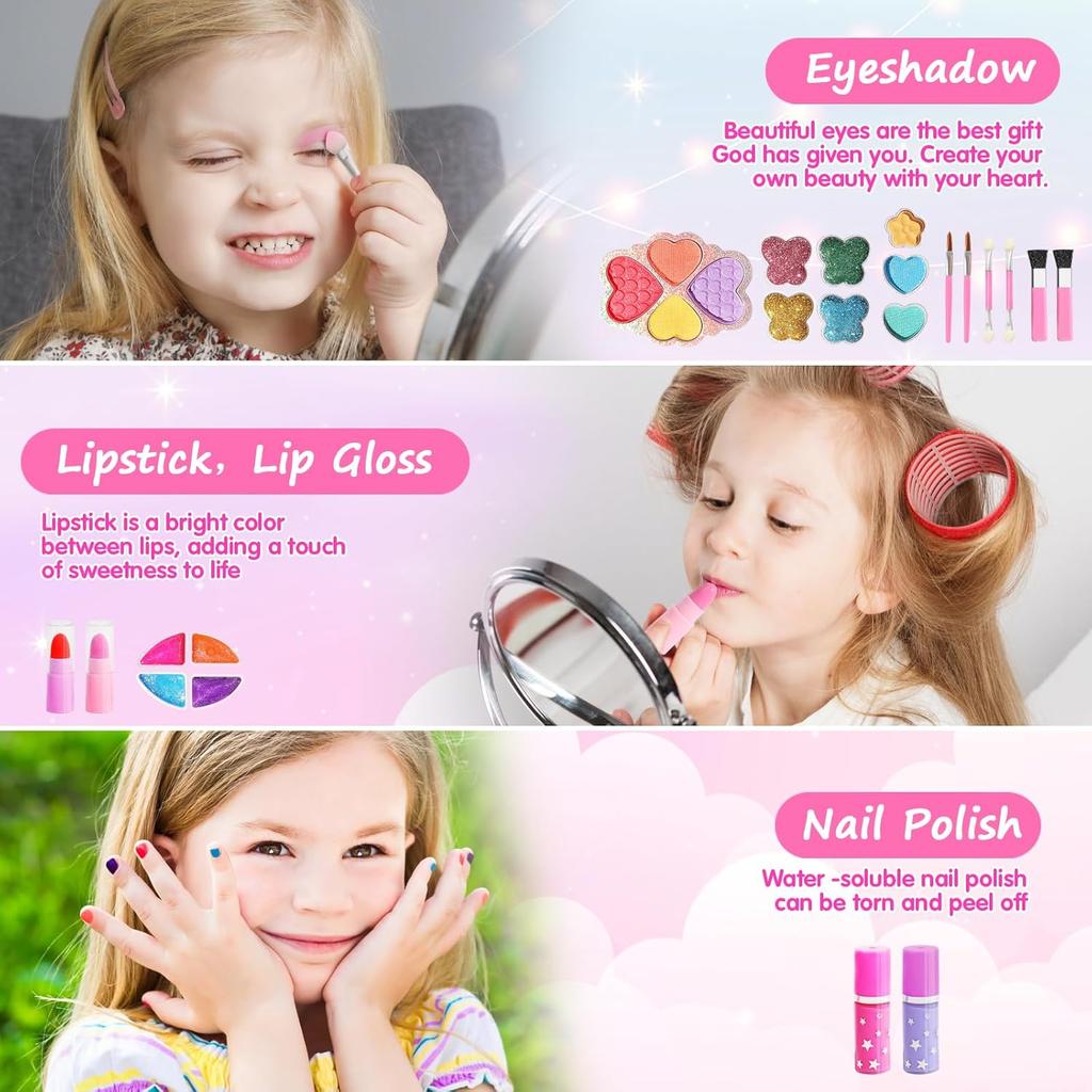 Kids Real Washable Makeup Kits for Girls with Mirrors, Fashionable Handbag Storage Design,Princess Toys Cosmetic Set, Gifts