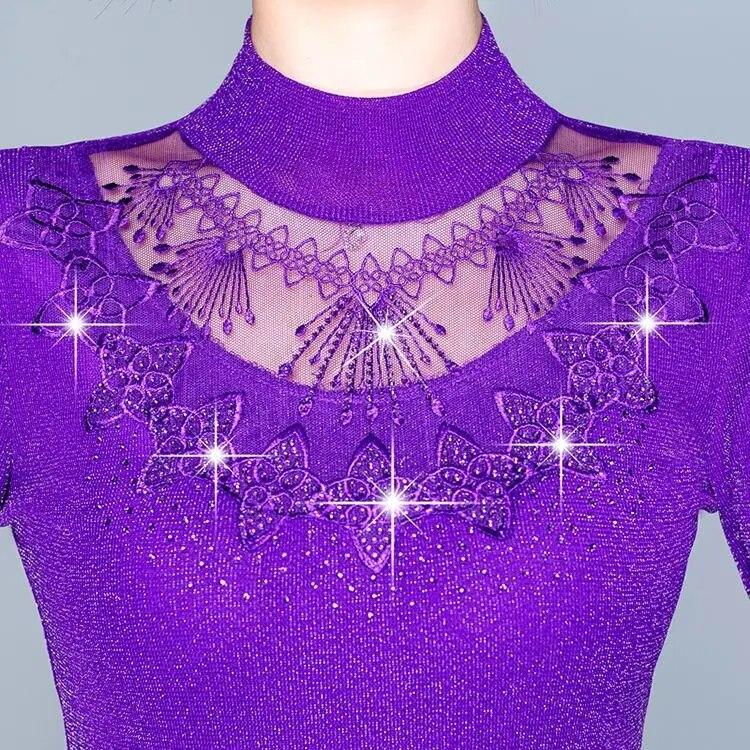 Autumn New Fashion Bottoming Shirt Women's Mesh Collar Slim Mom's Clothing Long Sleeve Top M-5XL