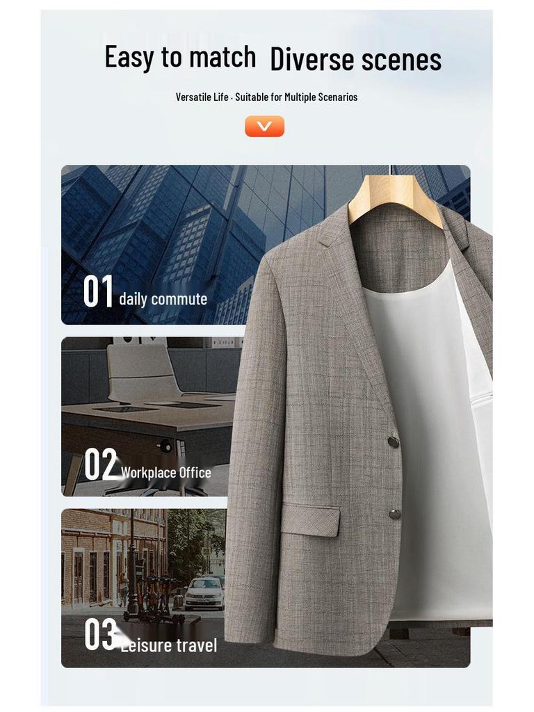 Herren Slim Fit bügelfreier karierter Blazer im koreanischen Stil - Business Casual Frühlingsjacke