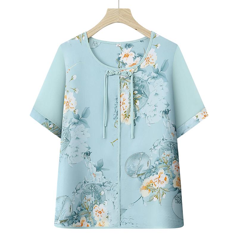 

Mother s Day Summer Chiffon Shirt and Shorts Set for Middle-Aged & Elderly Women - Chinese Style Grandma Outfit XL, Weight 85-105 Jin