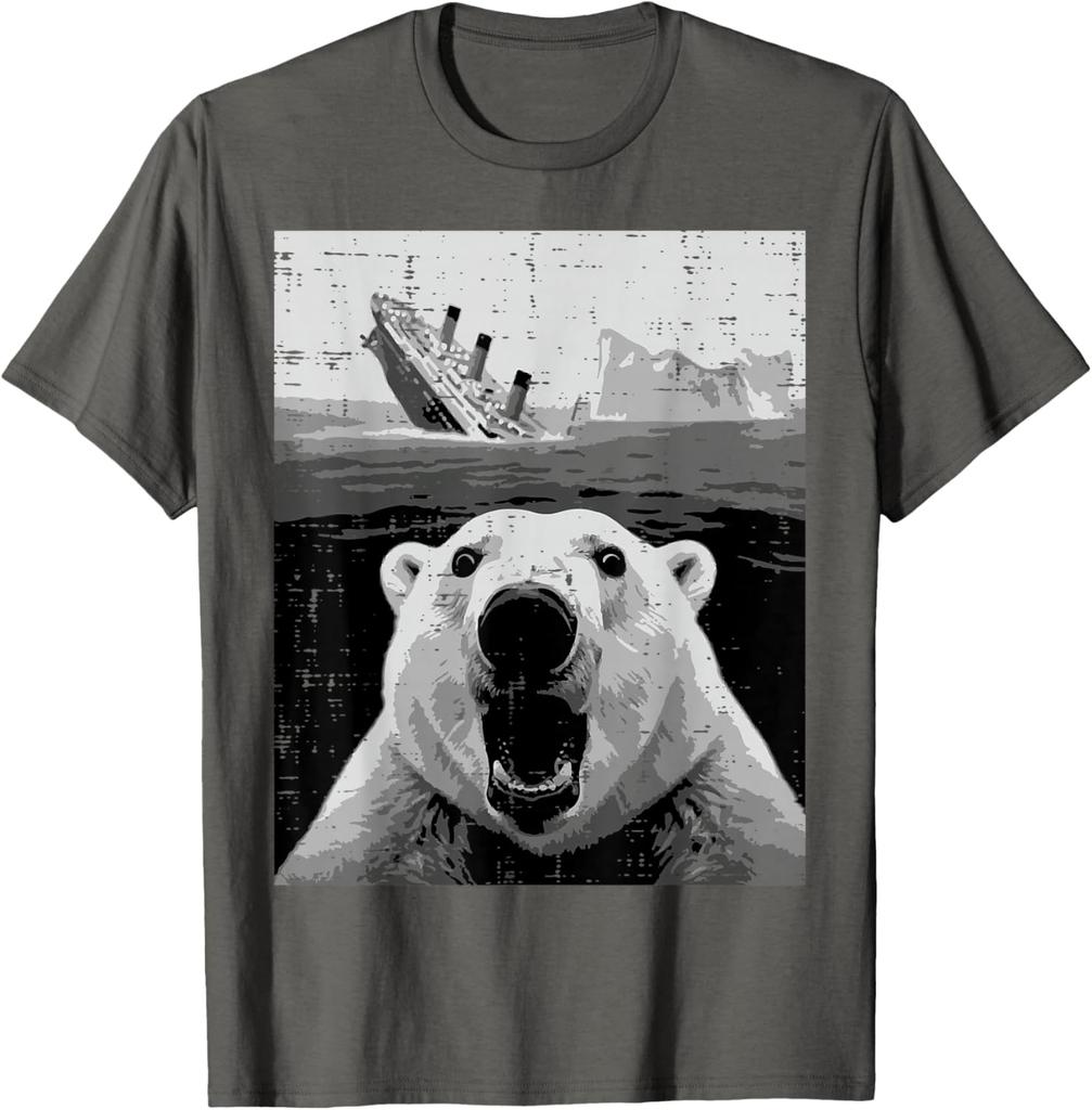 Polar Bear Sinking Titanic Meme Graphic Tee Funny Casual Short Sleeve TShirt for Men Women