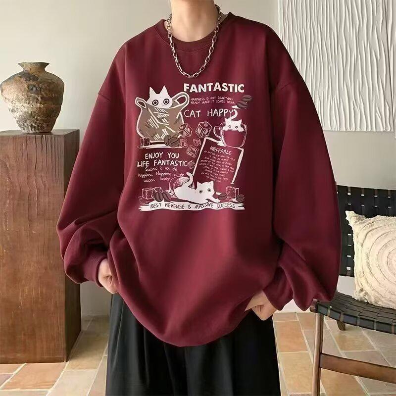 

Men s Trendy Heavyweight Fleece-Lined Crewneck Sweatshirt - Autumn/Winter Loose Fit, High Street Style L вина червоного кольору
