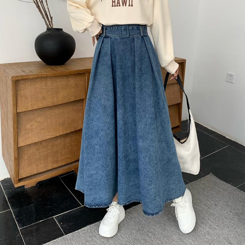 Women's Blue A Line Denim Pleated Skirt Y2k Sashes Long Jean Skirts Harajuku Vintage Korean High Waisted Cowboy Skirt Clothes
