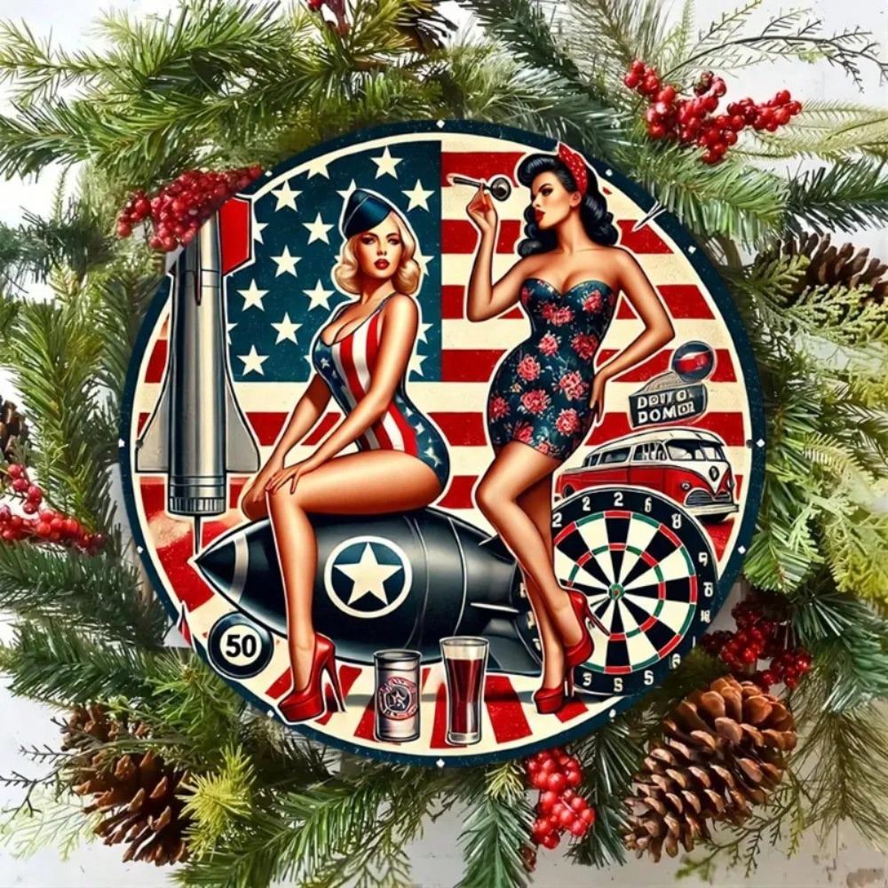Vintage Round Metal Sign Girl Rocket Wall Decor Patriotic Pin Up Poster