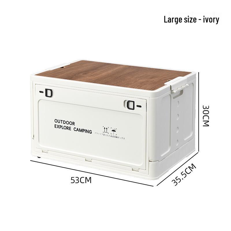 Portable Wheeled Camping Storage Box with Wooden Lid and Side-Opening Access