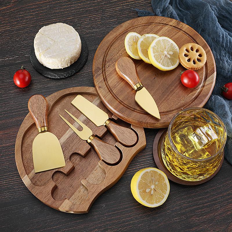 Stainless Steel Cheese Knives Set Round Charcuterie Board Cheese Fork Spreader Serving Tray Btter Tools With Gift Box