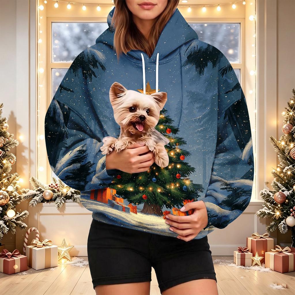 Women's Fashion Christmas Print Hoodie with Pet Pocket, Casual Pullover for Holiday Wear