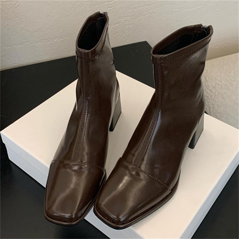 Eilyken Fashion Soft Leather Round Toe Zipper Women Ankle Boots Square Heels Elegant Party Shoes Botas Largas Mujer