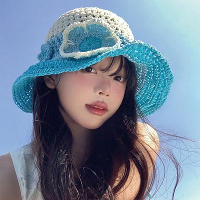 Gradual Flower Hollowed Out Straw Hat for Women Summer with A Large Brim for Shade and Sun Protection Beach Vacation Countryside Style Fisherman Hat
