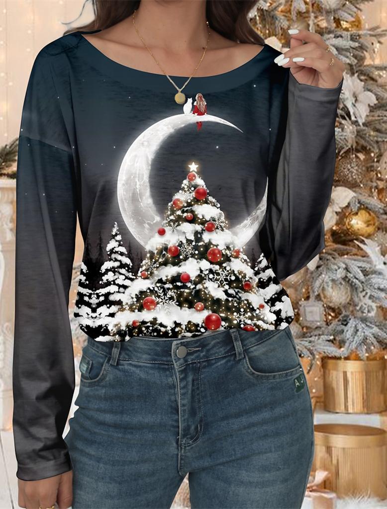 2023 Fashion Women's Pullover Christmas Blue Star Graphic Casual Sports O-Neck Long Sleeve Tops Micro-Elastic Fall & Winter