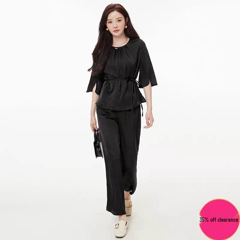

2026 Korean Style Summer Fashion Two-Piece: Solid Color Pullover Top & Drape Straight Leg Pants M (45-55 kg) серый