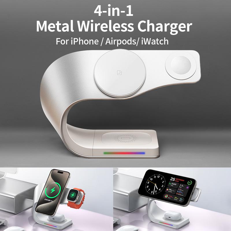Wireless Charger Stand Metal Shell Magnetic 15W Fast Charging Station Stand for iPhone 12-17 Mobile Phones Airpods Watch 4 in 1