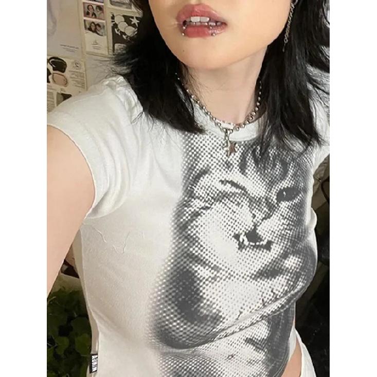 Harajuku Animal Print Crop Top Basic White Short Sleeve Crewneck T-shirt Women Casual Slim-fitting Tees Lady Y2k Vintage