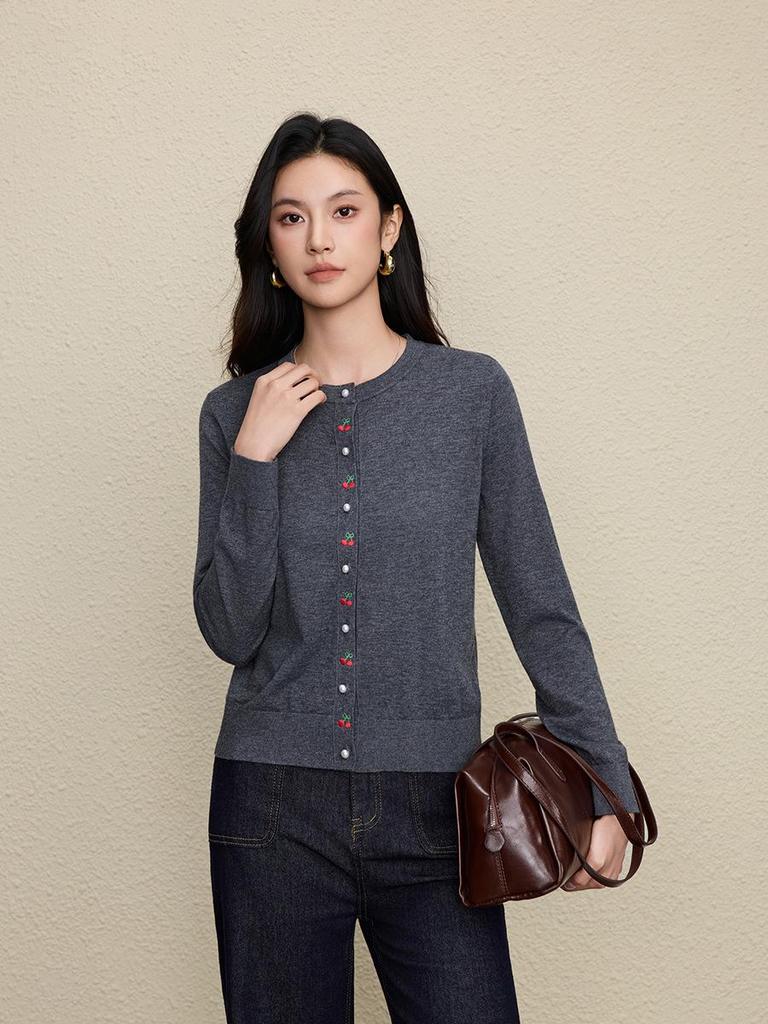 Romantic Cherry Embroidered Wool Knit Cardigan - Women's French Style