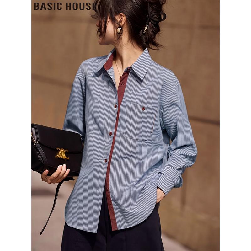 Basic House Women s Blue Red Striped Cotton Long Sleeve Polo Shirt L