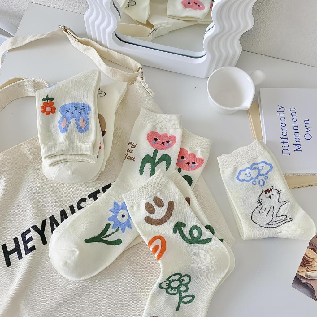 White Graffiti Socks For Women, Personality Fashion Mid-Leg Socks, Thin Cotton Socks, Trendy Cartoon College Style