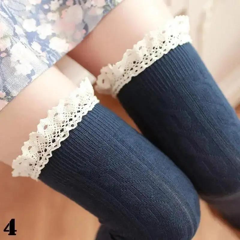 1 Pair Women Fashionable Solid Color Warm Cotton Thigh High Long Stockings Knit Over Knee Lace Girls Socks Accessories Creative