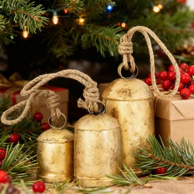 Yousheng Vintage Metal Harmony Cow Bells Handmade Rustic Lucky Christmas Hanging Bells On Jute Rope for Wreath Wall Hanging Decor