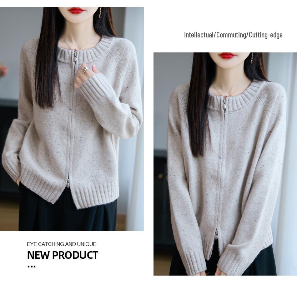 Korean Style Double Zipper Raccoon Fur Knit Cardigan - Stylish, Versatile Thick Round Neck Sweater Coat with Color Dots.