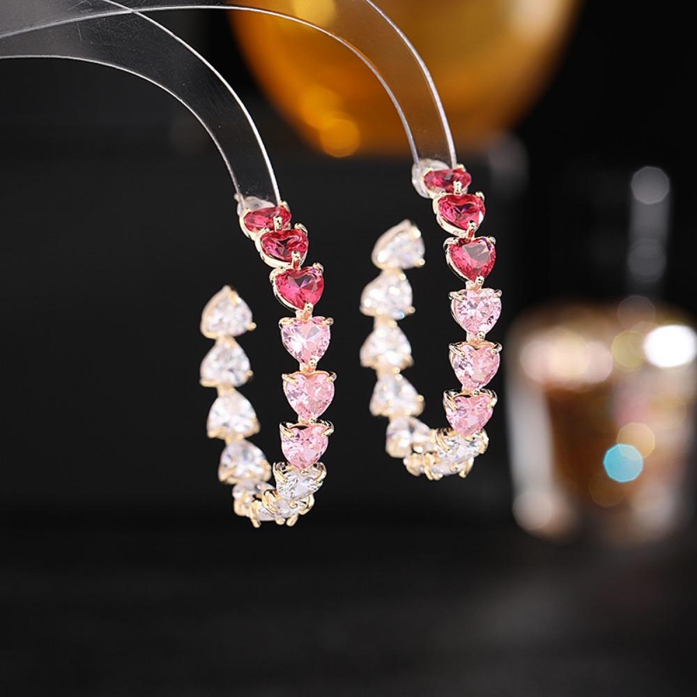 Valentine's Day Gift 1 Pair Sparkling Cubic Zirconia Heart Shape C-Shape Hoop Earrings Stylish Gift For Women And Girls