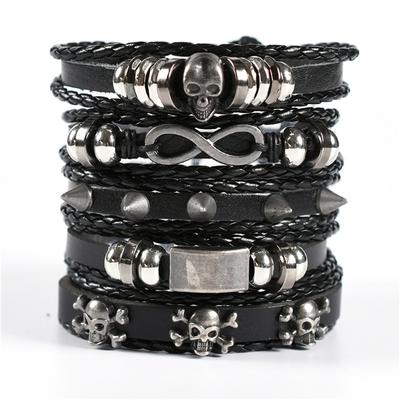 Vinatge Gothic Punk Totenkopf Stern Metall Mehrschichtiges Leder Herren Armbänder & Armreifen