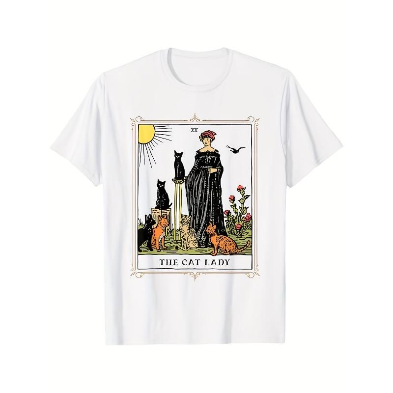 European sizes Skeleton Cat Card T-Shirt - Gothic White Cat & Floral Print with The Cat Text - Soft Black Short Sleeve Round Neck Tee for Men
