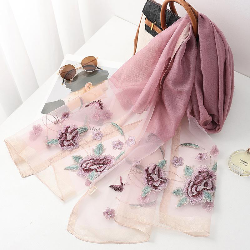 Silk wool scarf women hijab pashmina shawls wrap Luxury Bandana Blanket Floral Pashmina Embroidery Scarves Foulard high quality