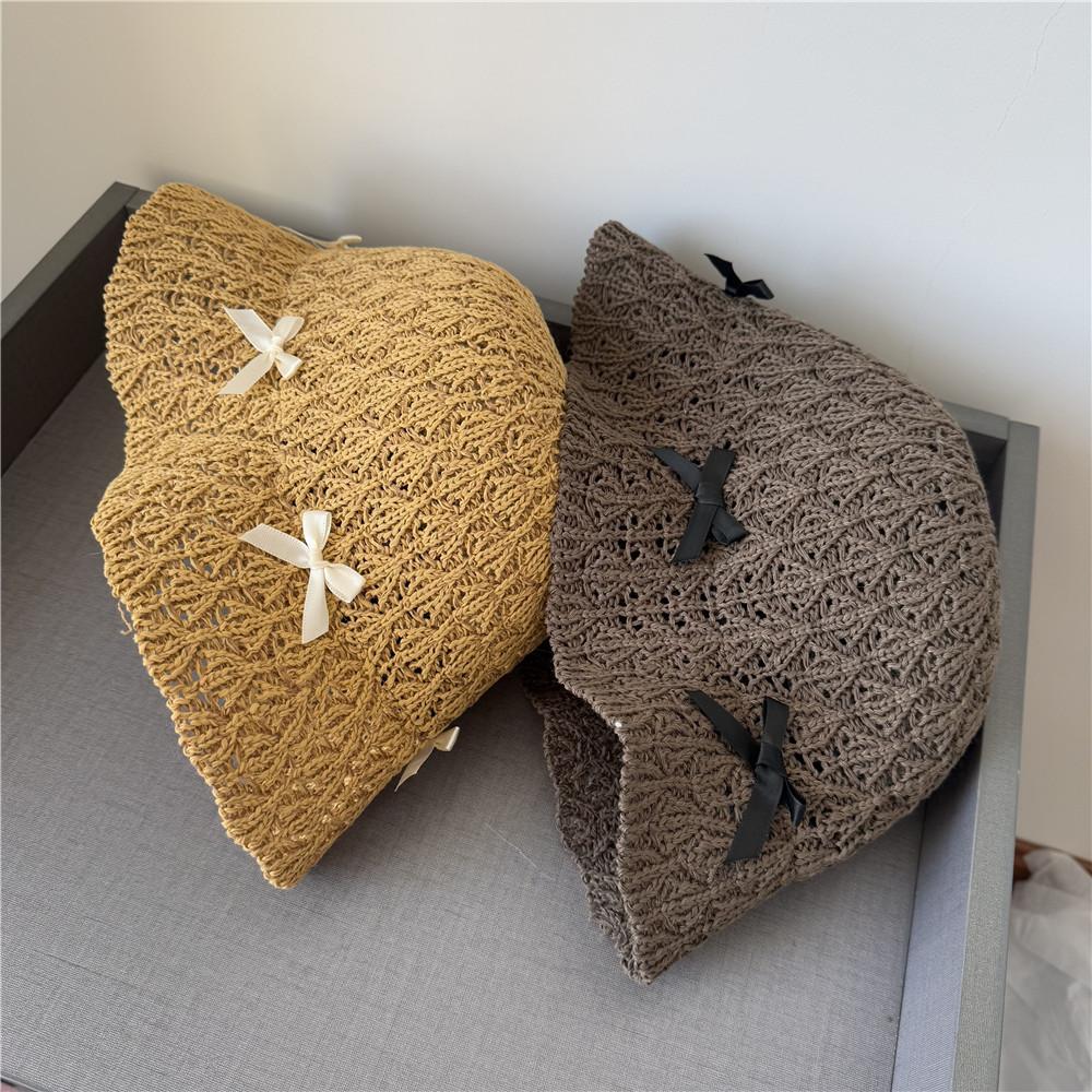 Bow straw hat girls sweet and cute bucket hat spring and summer travel seaside sunscreen hat