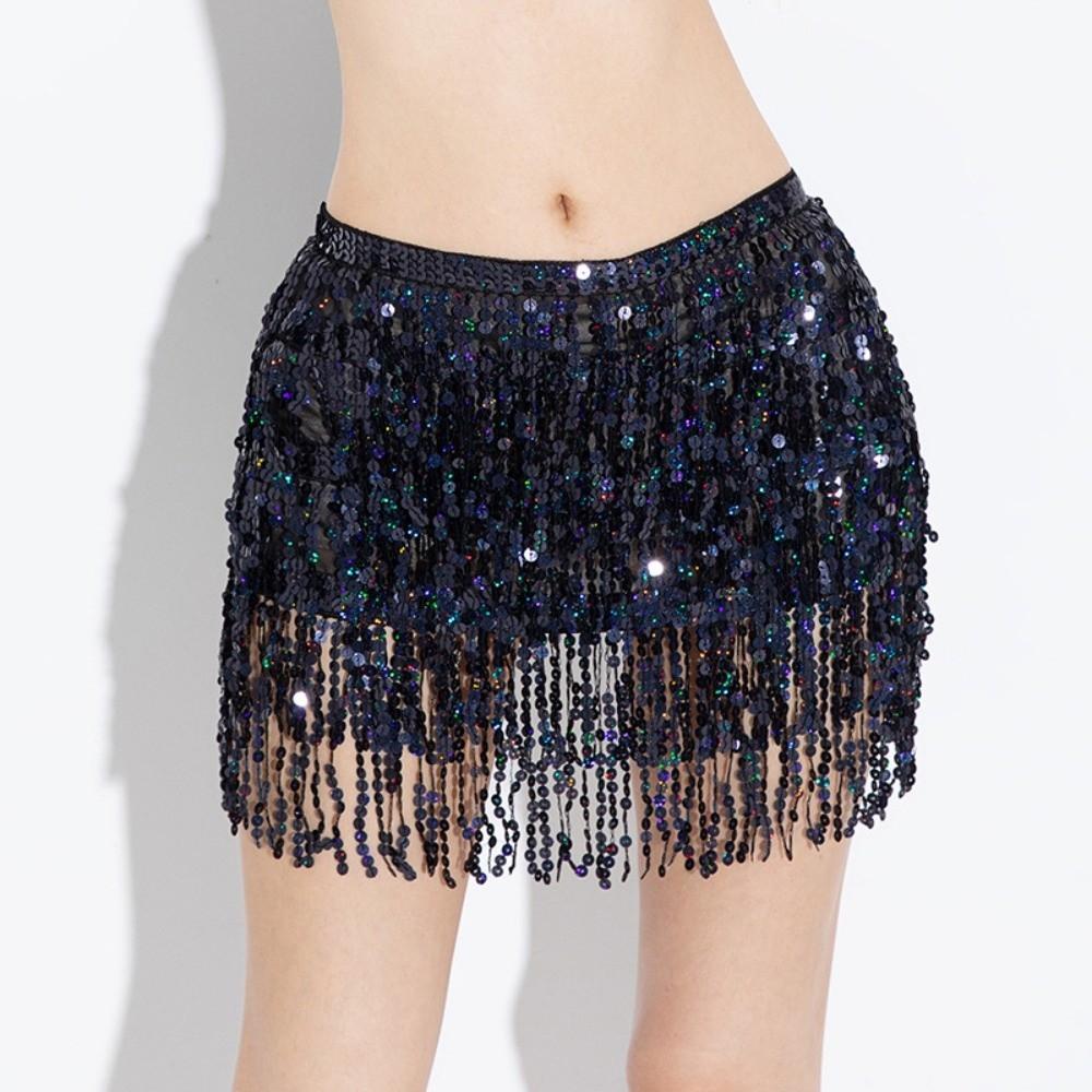 Pailletten Lateinischer Tanz Hula Kurzes Rockkleid Quaste Hüfttuch Bauchtanz Taillenkette für Damen