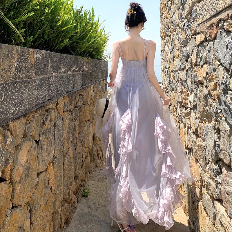 Spice girl purple tube top dress skirt women's summer lotus leaf edge chiffon beach seaside vacation mesh suspender skirt