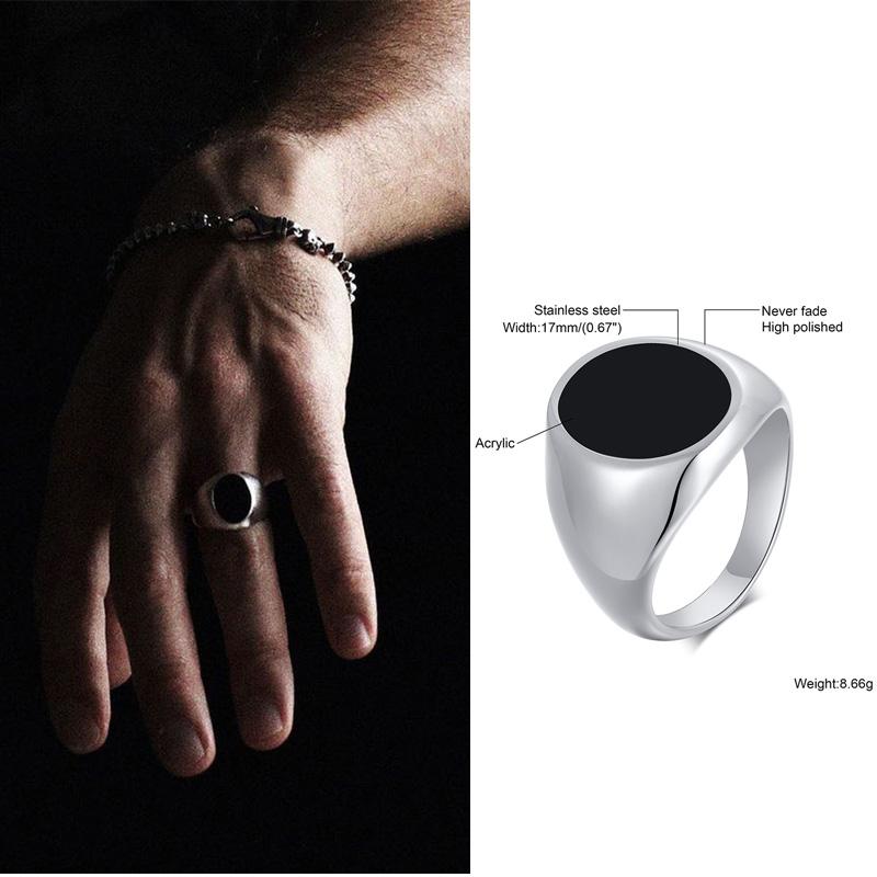 Ring for Men, Stainless Steel Square Signet Ring, Black Enamel Men's Pinky Rings,Gents Zircon
