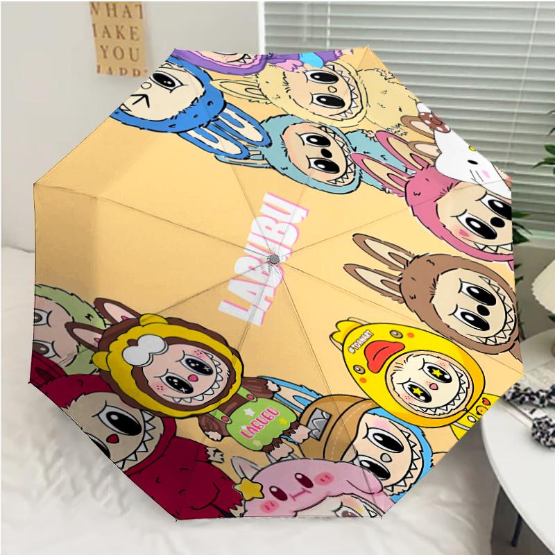 Labubu1 Print Automatic Umbrella, 8 Rib Iron Frame, Plastic Handle, Suitable for Outdoor Travel &Daily , Ideal Gift