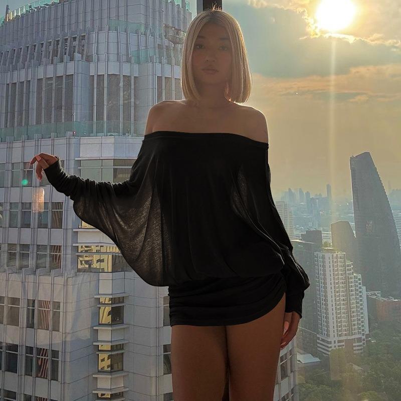 Women Solid Color Off Shoulder Batwing Sleeve Loose High Waist Bodycon Mini Dress