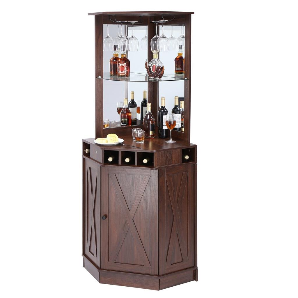 Corner Industrial Bar Cabinet, Wine Table for Liquor & Glasses, Sideboard Buffet Cabinet with Glass Holder, Freestanding Farmhouse Wood Coffee Bar