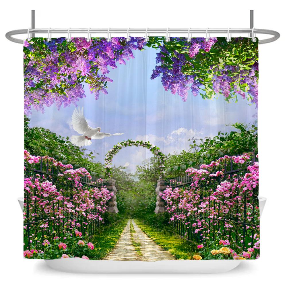 

Rural Flowers Scenery Shower Curtain Dreamlike Blooming Flowers Tree Home Bathtub Decor Waterproof Polyester Bathroom Curtains W120xH180cm