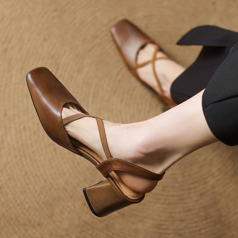 New Women's High-heeled Sandals Women's Comfortable Bag Head Rear Empty Sandals Summer Beef Tendon Large Size Square Head One Pedal Thick Heel