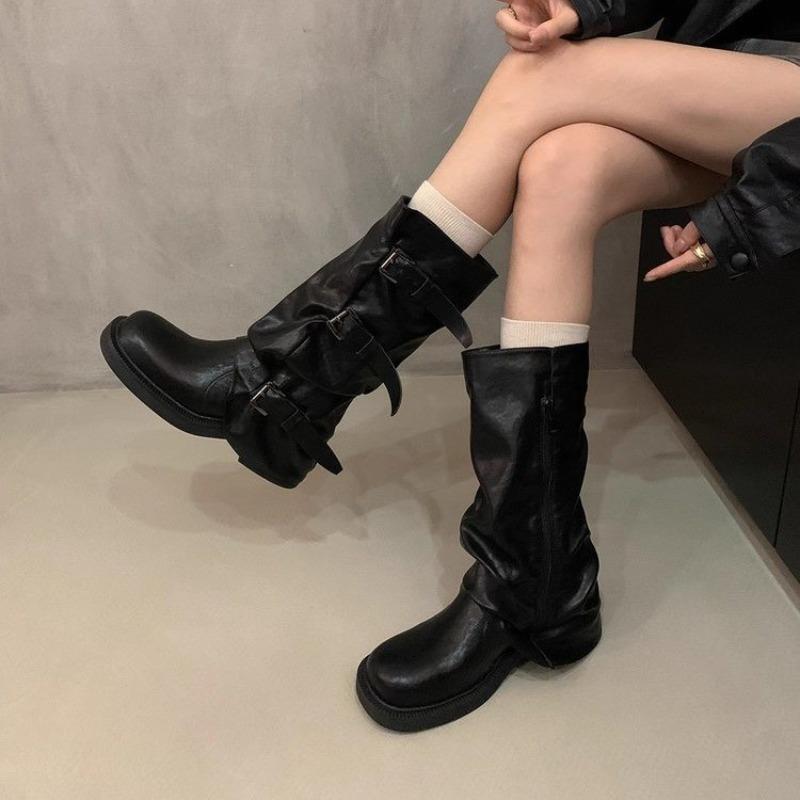 Fashion New Style Women's Hot Sale Knee High Heels Low Heels Trend Punk Goth Rock Leather Fashionable Women Boots Motorcycle Shoes Boots