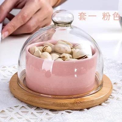 Japanese Tableware Black Ceramic Dessert Bowl Fruit Platter Creative Glass Cover Household Snack Plate Dried Fruit Cake Plate