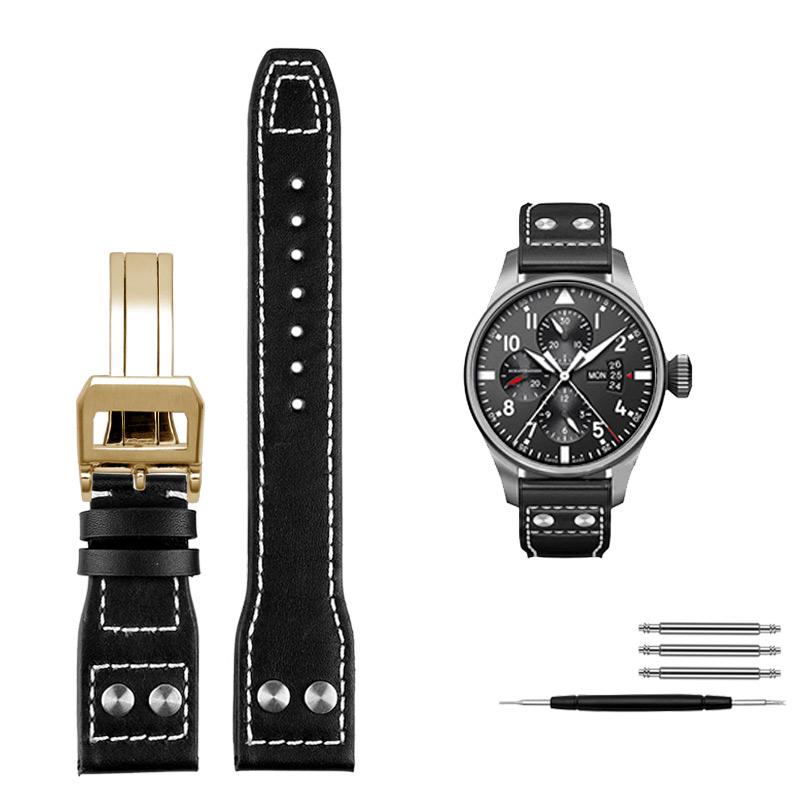 Für IWC Big Pilot Mark 18 Spitfire Braun blau Rindsleder Faltschließe Uhrenarmband Herren Echtes Leder Nieten Armband 21 22mm