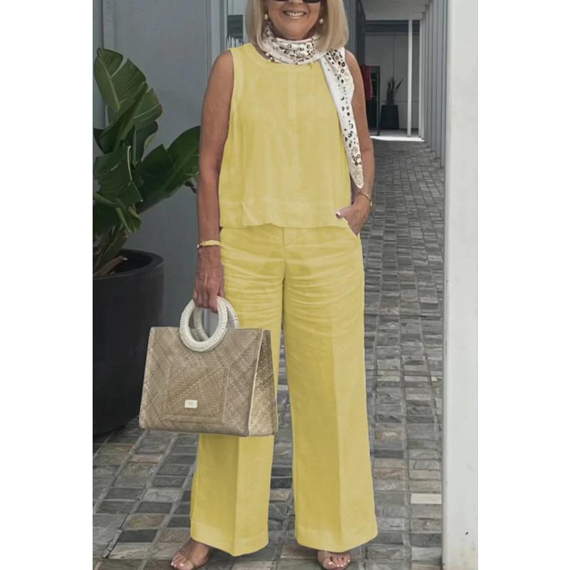 VEZFAA Pantalons décontractés à col rond pour femmes, couleur unie, imprimés, sans manches, à la mode, été, printemps